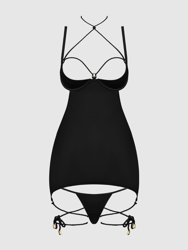 Iryna Silky Micro & Rope Open Back Chemise Set Black