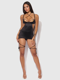 Iryna Silky Micro & Rope Open Back Chemise Set Black