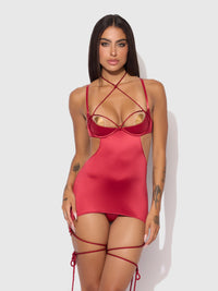 Iryna Silky Micro & Rope Open Back Chemise Set Crimson Red