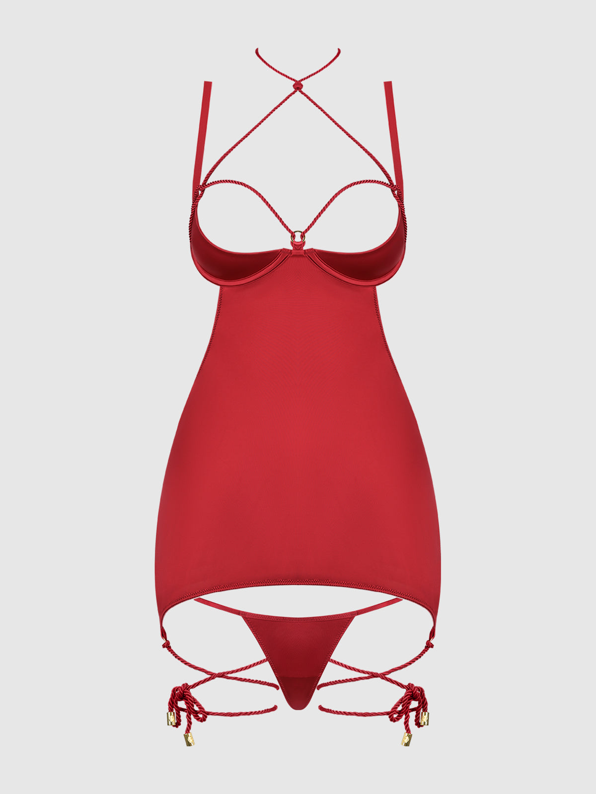Iryna Silky Micro & Rope Open Back Chemise Set Crimson Red