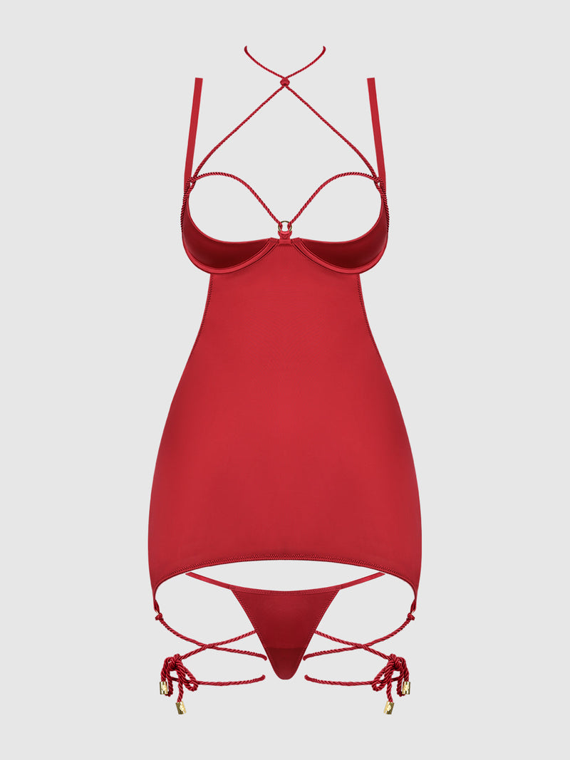 Iryna Silky Micro & Rope Open Back Chemise Set Crimson Red