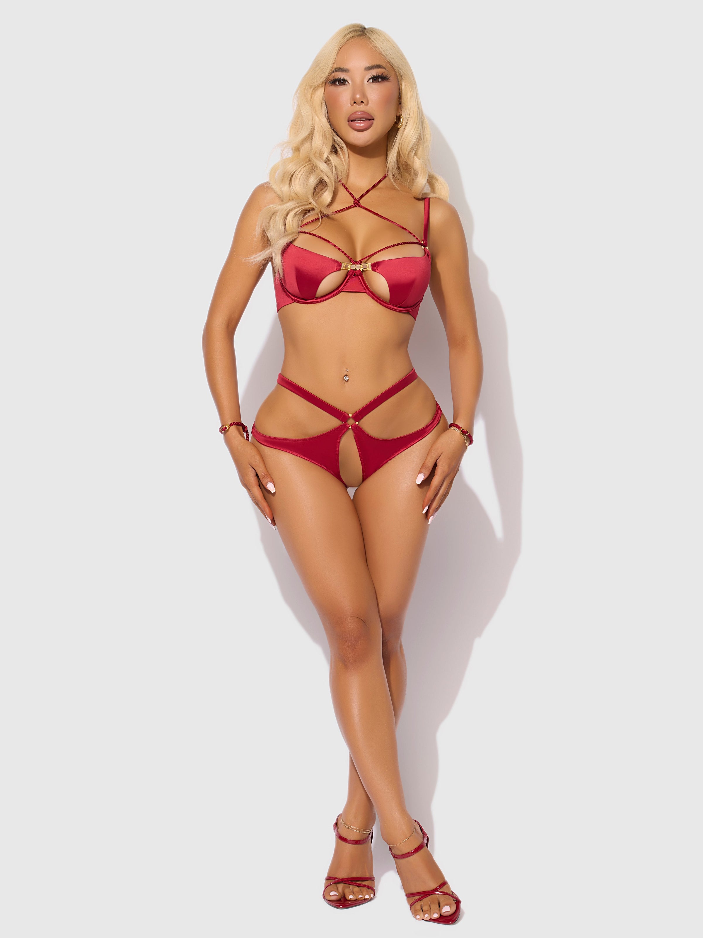 Iryna Silky Micro & Rope Crotchless & Hand Cuff Hipster Crimson Red