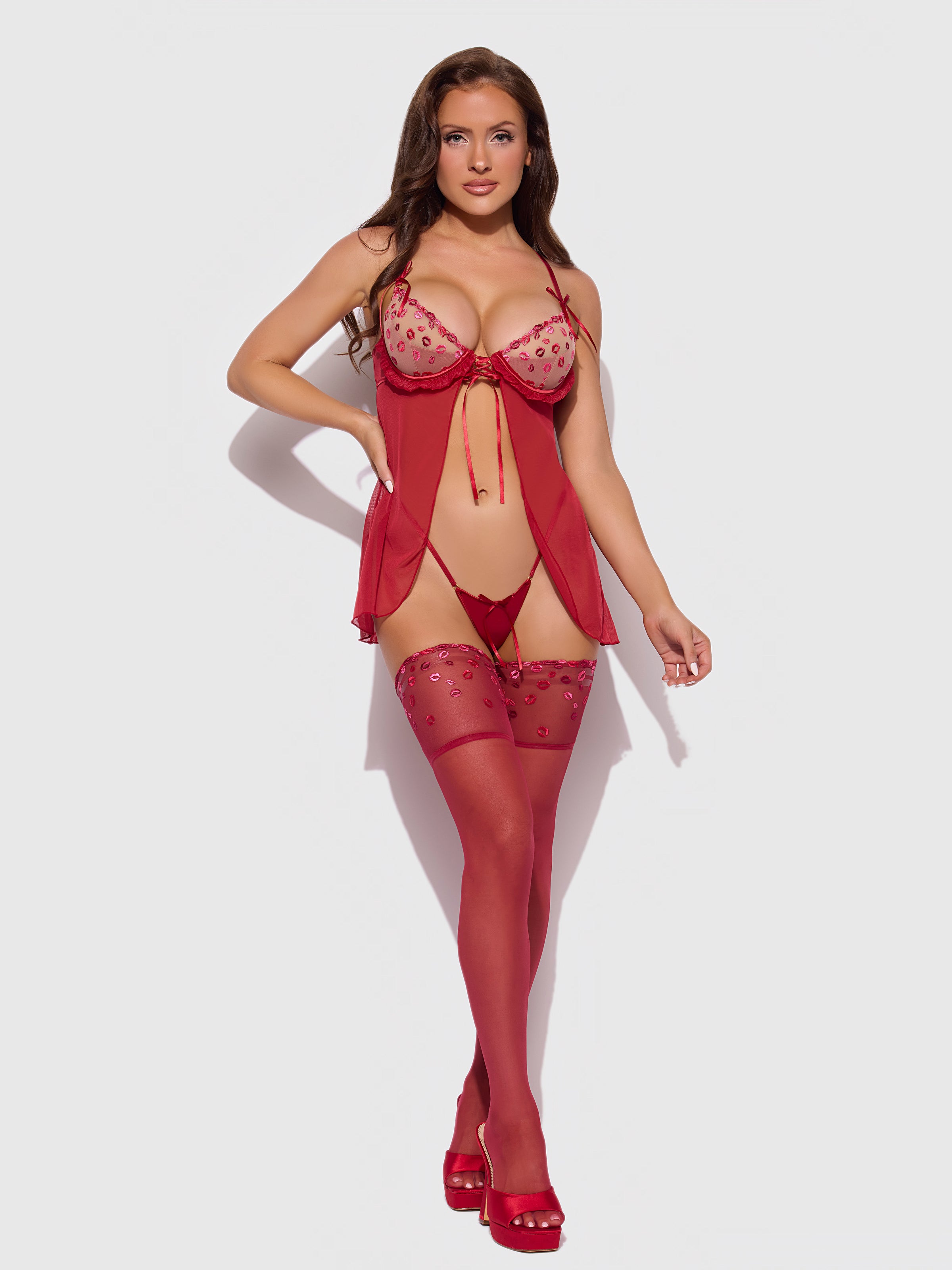 House of Desire Angelina Kiss Lips Embroidery Stockings