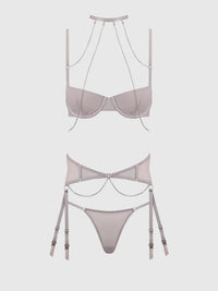Presley Rhinestone Halter Shine Mesh Demi Bra Set Silver Gray