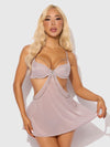 Presley Rhinestone Shine Mesh Side Cutout Babydoll Set Silver Gray