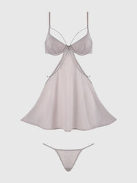 Presley Rhinestone Shine Mesh Side Cutout Babydoll Set Silver Gray