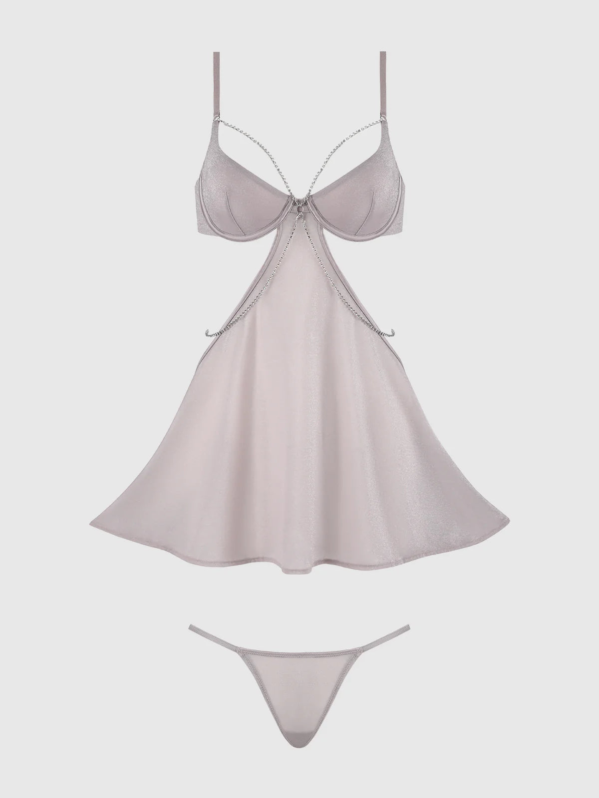 Presley Rhinestone Shine Mesh Side Cutout Babydoll Set Silver Gray