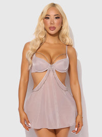Presley Rhinestone Shine Mesh Side Cutout Babydoll Set Silver Gray