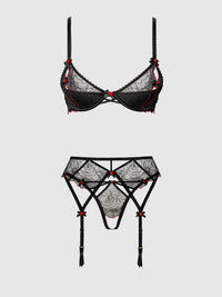 Ilena Embroidered Tulle Bra, Garter & Crotchless Bikini - House of Desire