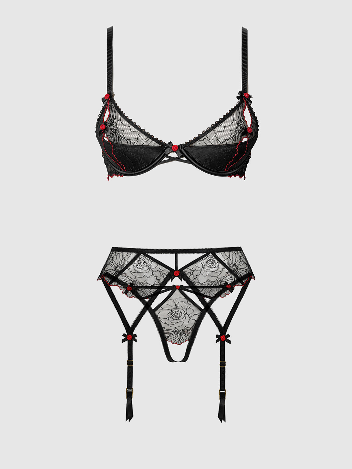 Ilena Embroidered Tulle Bra, Garter & Crotchless Bikini - House of Desire