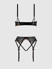 Ilena Embroidered Tulle Bra, Garter & Crotchless Bikini - House of Desire