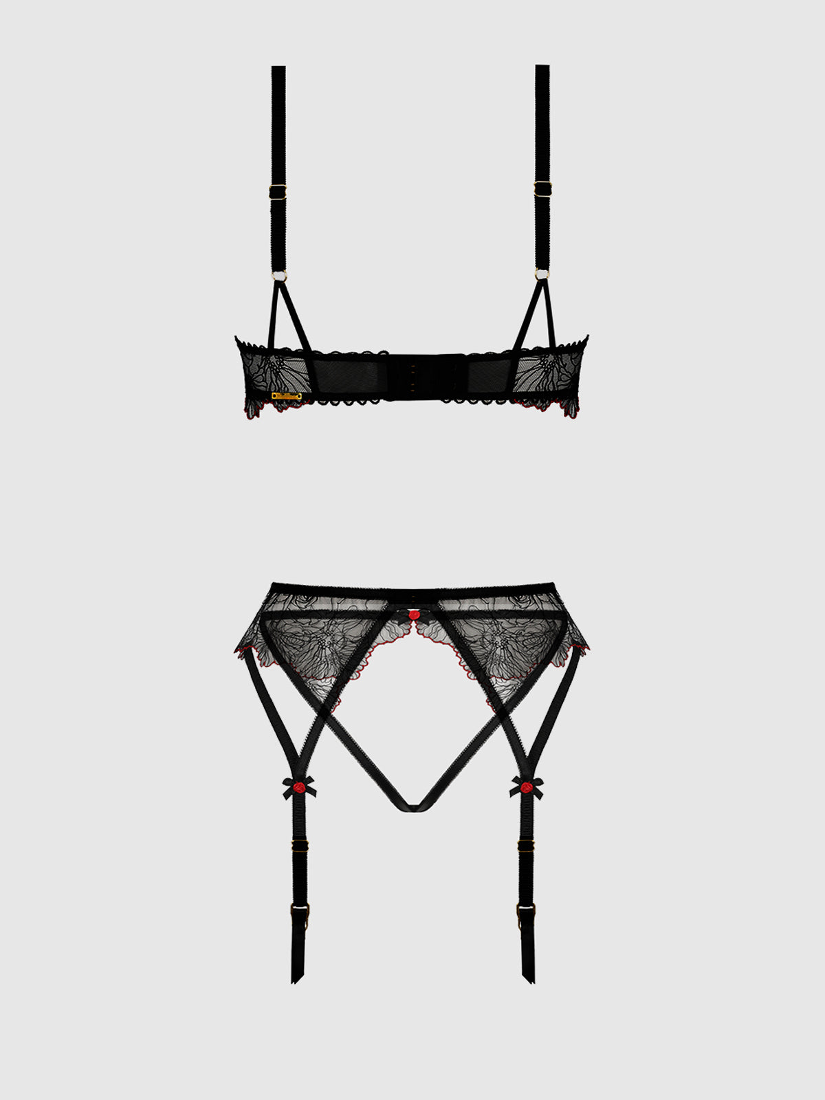 Ilena Embroidered Tulle Bra, Garter & Crotchless Bikini - House of Desire
