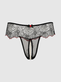 Ilena Embroidered Tulle & Pearl Crotchless Thong - House of Desire