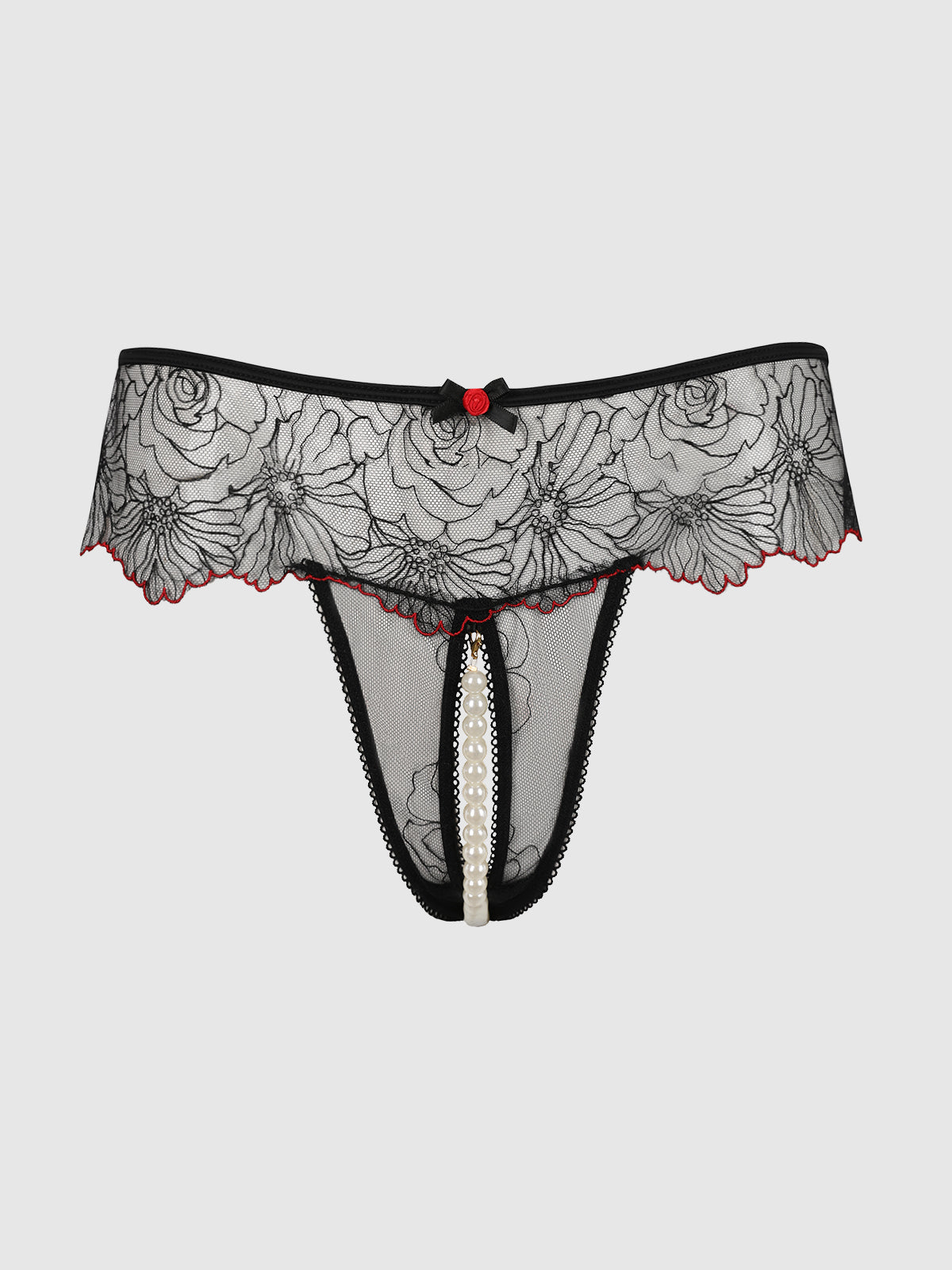 Ilena Embroidered Tulle & Pearl Crotchless Thong - House of Desire