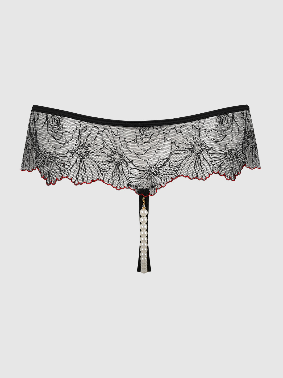 Ilena Embroidered Tulle & Pearl Crotchless Thong - House of Desire