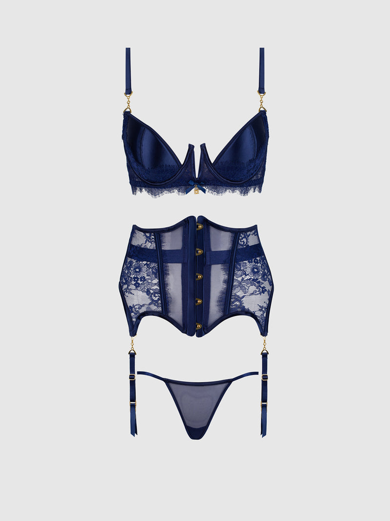 Queen Liliana Lace and Mesh Bra, Garter & G-String Set Midnight Blue - House of Desire