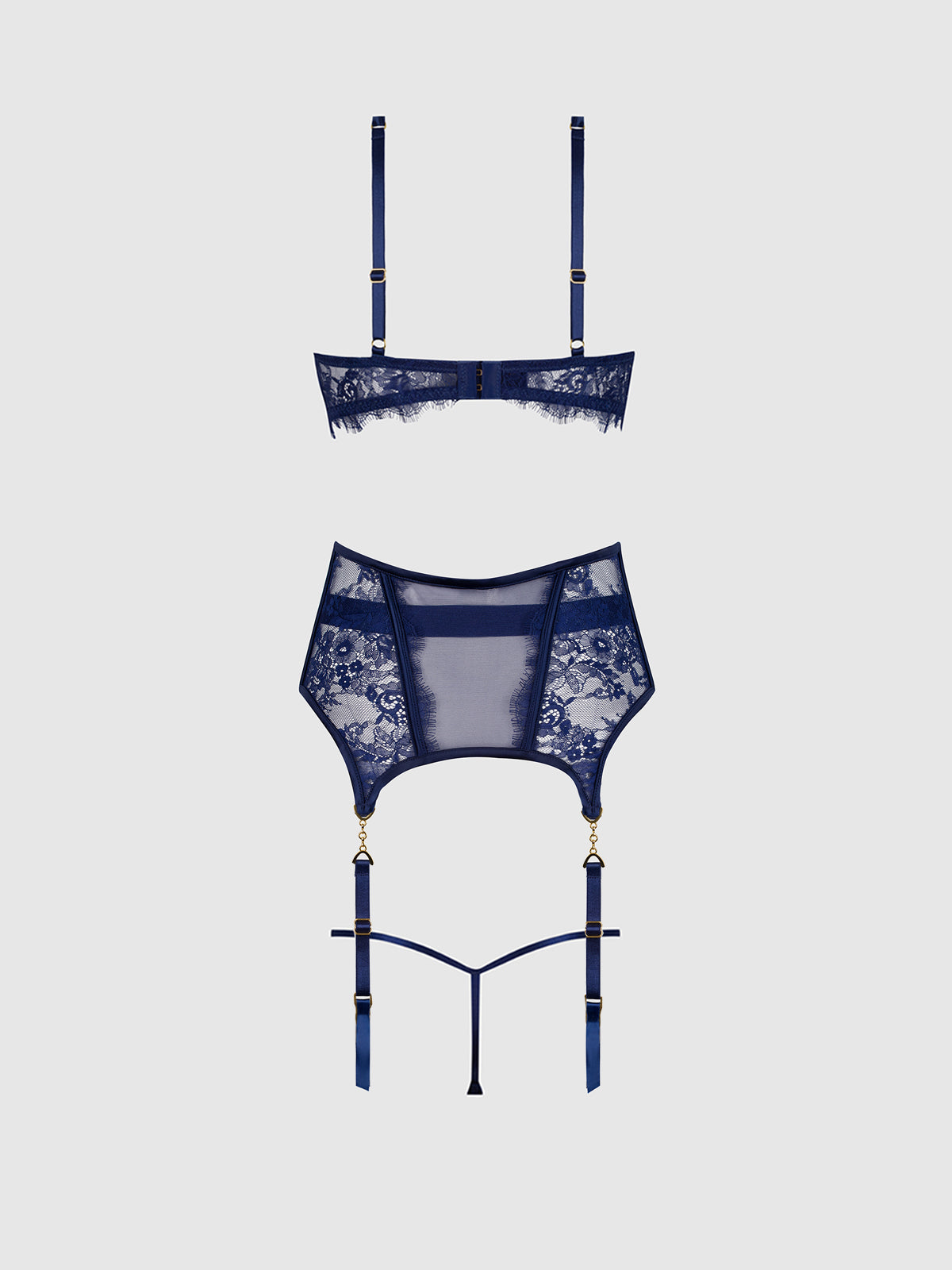 Liliana Lace and Mesh Bra, Garter & G-String Set Midnight Blue - House of Desire