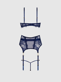 Liliana Lace and Mesh Bra, Garter & G-String Set Midnight Blue - House of Desire