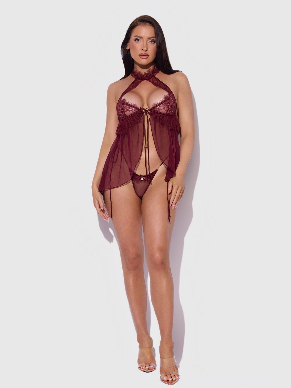 Liliana Lace & Mesh Halter Babydoll Set Cabernet - House of Desire