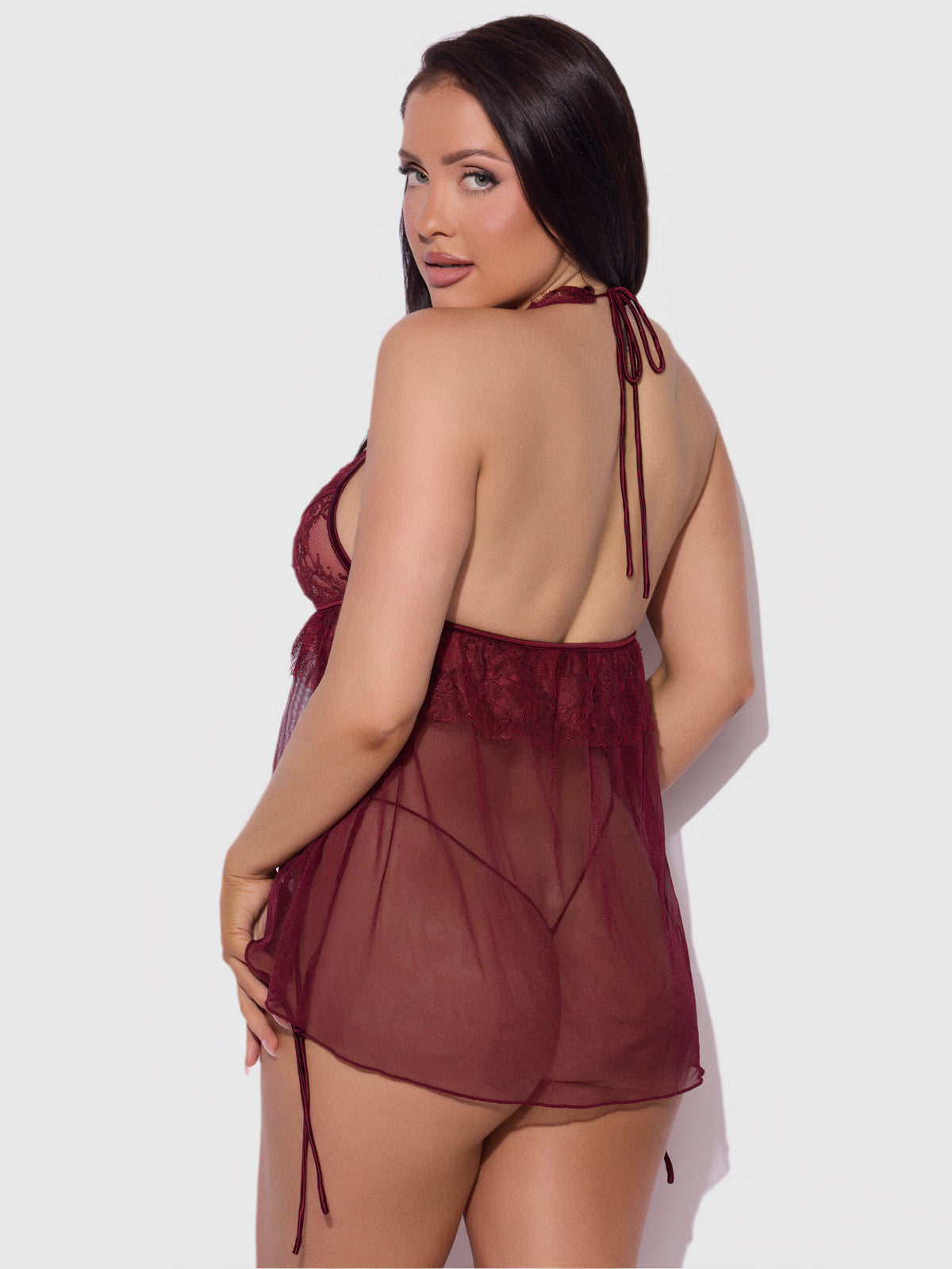 Liliana Lace & Mesh Halter Babydoll Set Cabernet - House of Desire