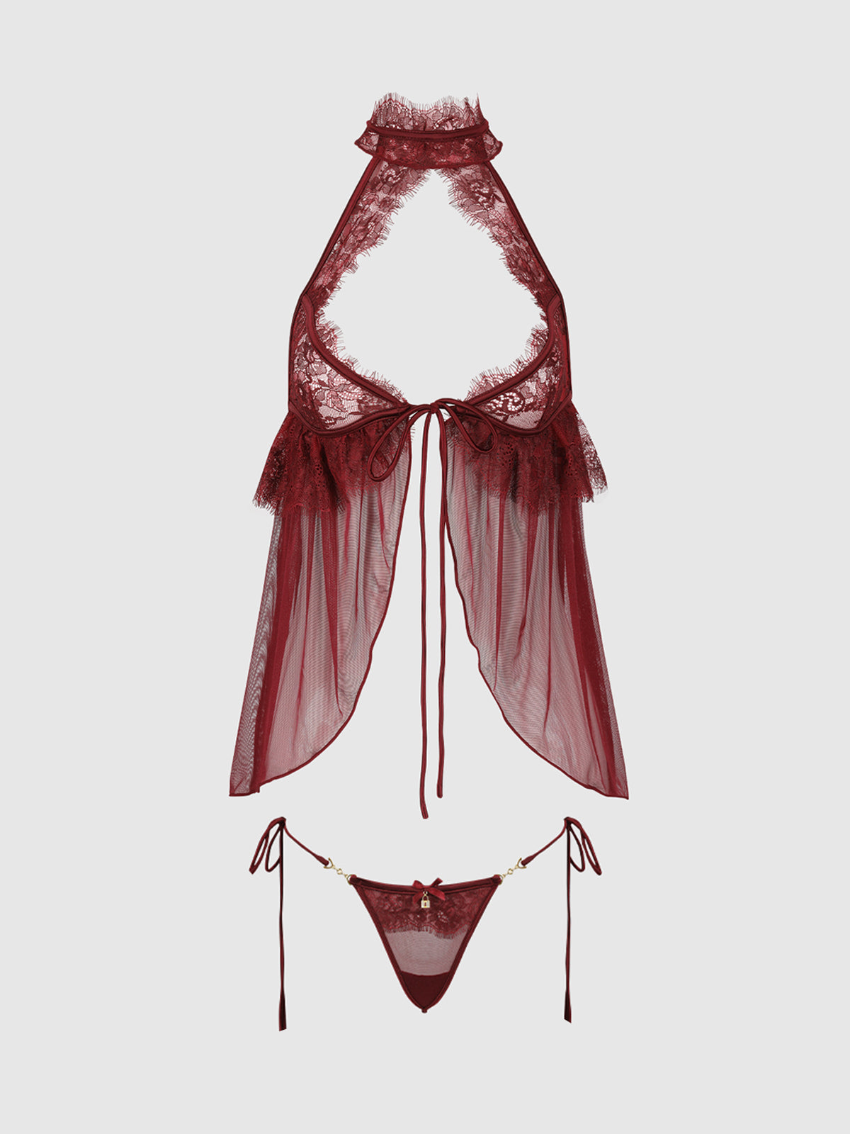 Liliana Lace & Mesh Halter Babydoll Set Cabernet - House of Desire