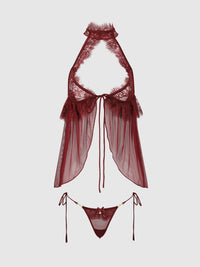 Liliana Lace & Mesh Halter Babydoll Set Cabernet - House of Desire