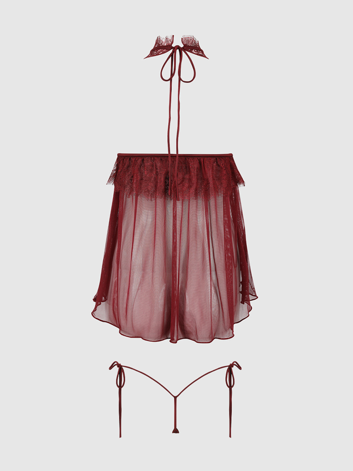 Liliana Lace & Mesh Halter Babydoll Set Cabernet - House of Desire