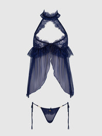 Liliana Lace & Mesh Halter Babydoll Set Midnight Blue - House of Desire