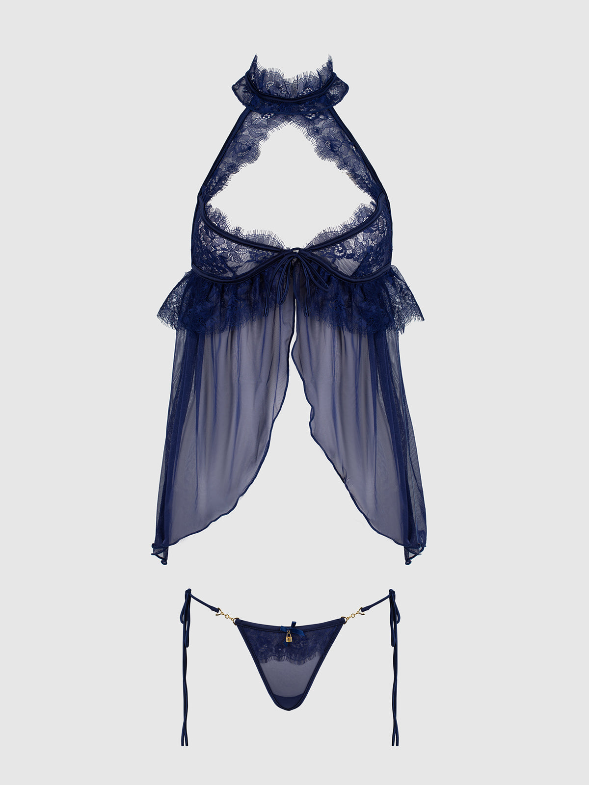 Liliana Lace & Mesh Halter Babydoll Set Midnight Blue - House of Desire