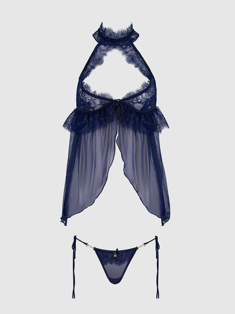 Queen Liliana Lace & Mesh Halter Babydoll Set Midnight Blue - House of Desire
