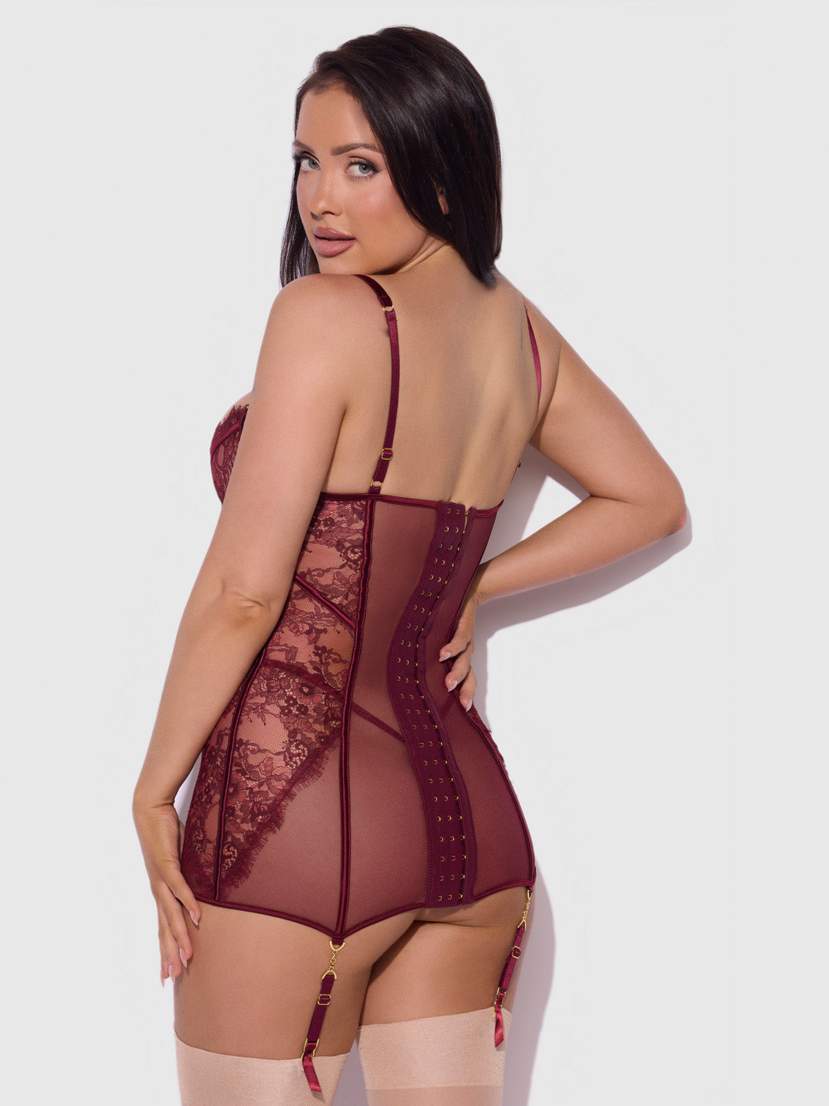 Liliana Lace & Mesh Chemise Set Cabernet - House of Desire