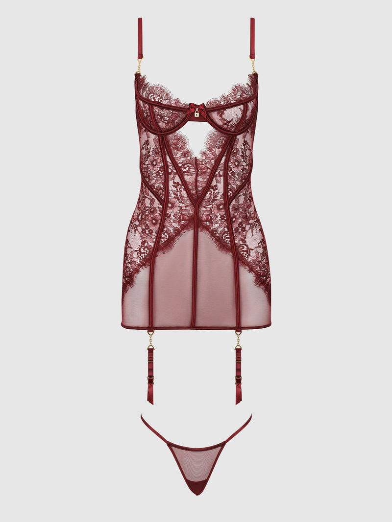 Queen Liliana Lace & Mesh Chemise Set Cabernet - House of Desire