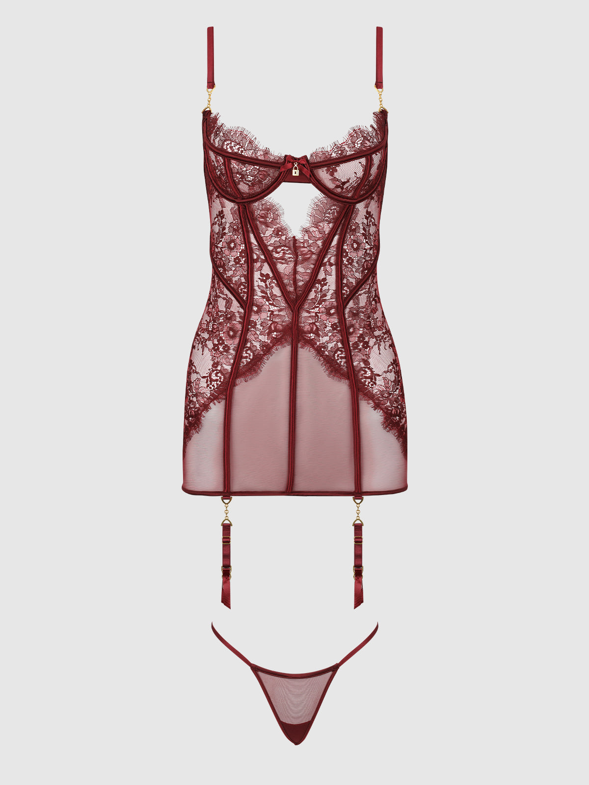 Liliana Lace & Mesh Chemise Set Cabernet - House of Desire