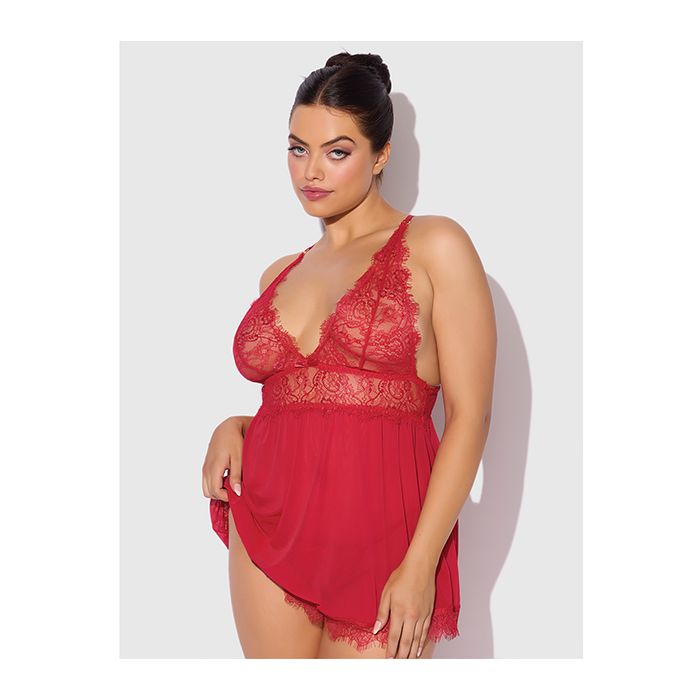 House of Desire Queen Mila Eyelash Lace & Mesh Babydoll Set Red