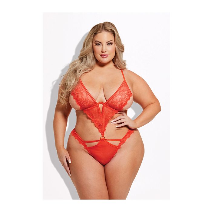 House of Desire Queen Nadia Lace & Mesh Cutout Teddy Grenadine Orange