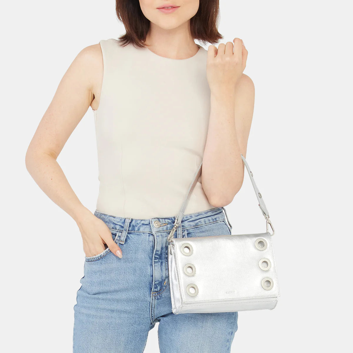 Hammitt Montana Leather Clutch Sml Handbag Sidewalk Silver/Brushed Silver-Rebel Romance