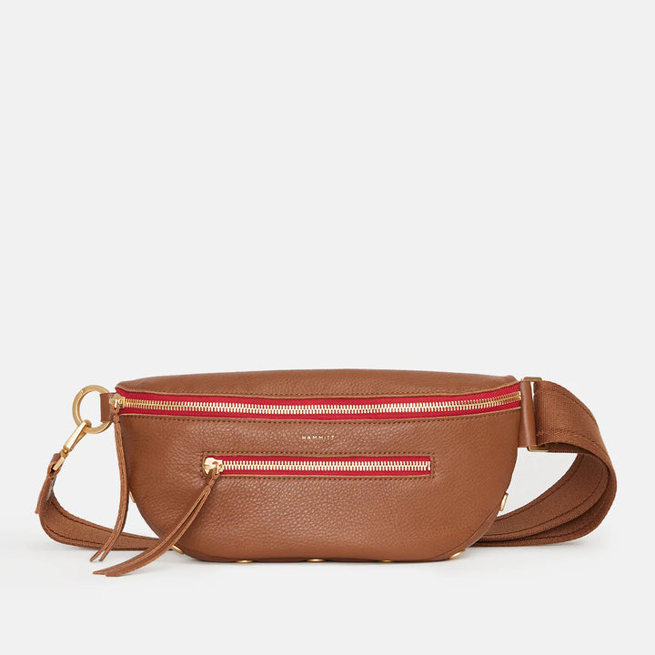 Charles Small Leather Crossbody Bag Mahogany Pebble/Brushed Gold Red Zip