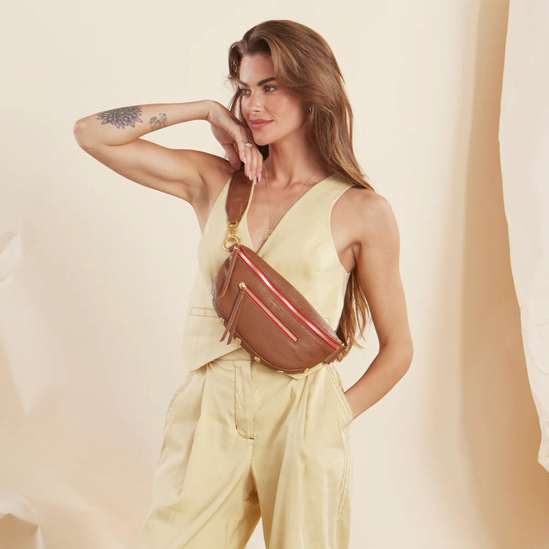 Charles Small Leather Crossbody Bag Mahogany Pebble/Brushed Gold Red Zip-Rebel Romance