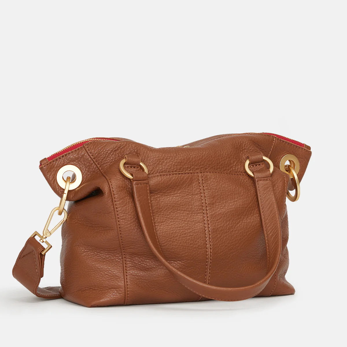 Daniel Med Leather Satchel Bag Mahogany Pebble/Brushed Gold Red Zip-Rebel Romance