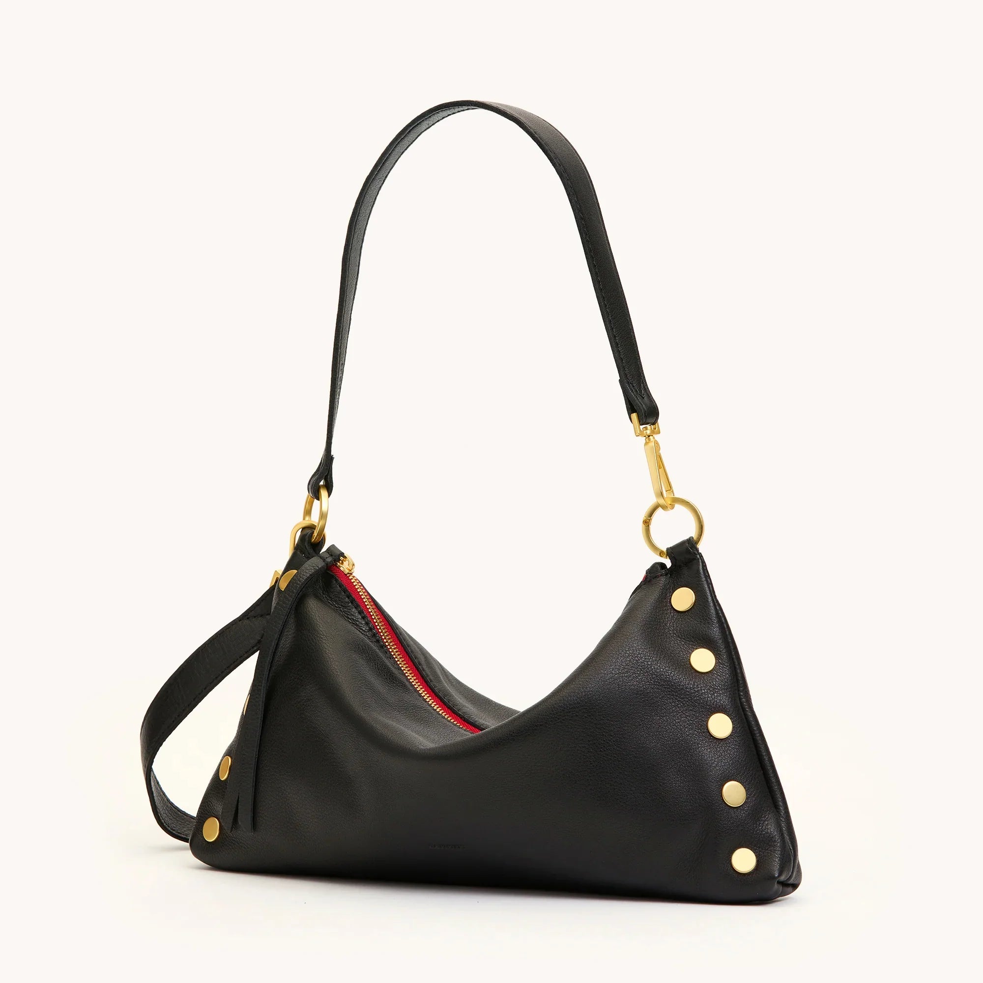 Kyle Med Leather Shoulder Handbag Black/Brushed Gold Red Zip