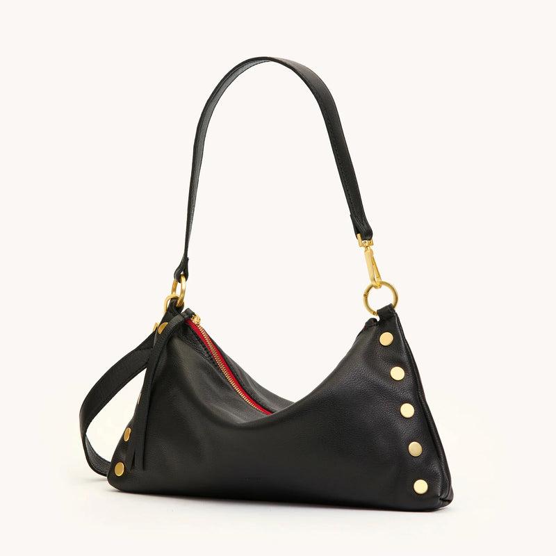 Kyle Med Leather Shoulder Handbag Black/Brushed Gold Red Zip