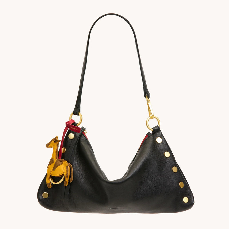 Kyle Med Leather Shoulder Handbag Black/Brushed Gold Red Zip