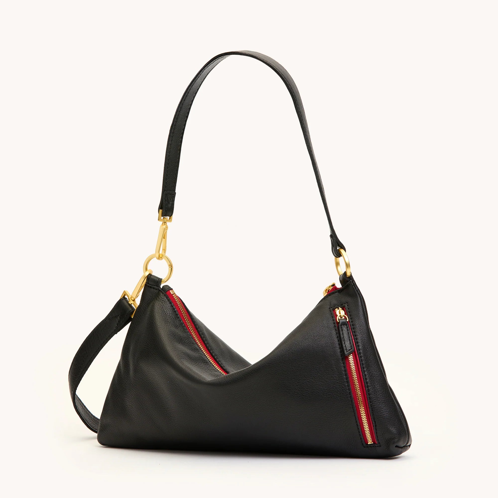 Kyle Med Leather Shoulder Handbag Black/Brushed Gold Red Zip