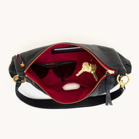 Kyle Med Leather Shoulder Handbag Black/Brushed Gold Red Zip