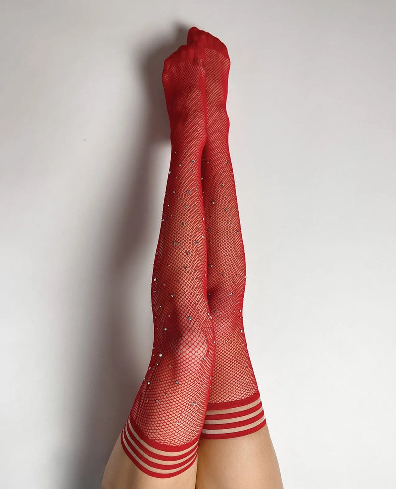 Kixies Joely Fishnet Rhinestone Thigh High Red-Rebel Romance