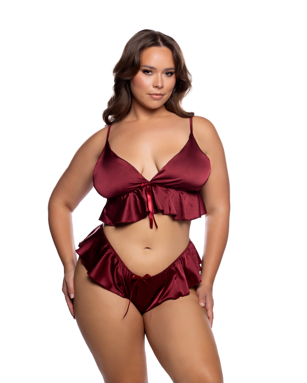 Queen Stretch Satin Sweet Flutter Cami Set Wine