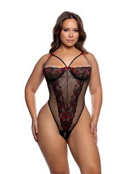 Queen Metallic Rose Crotchless Teddy Black/Red