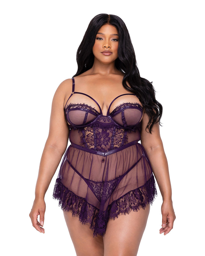 Roma Confidential Sugar Plum Sheer Babydoll Set Eyelash Lace Plus Size