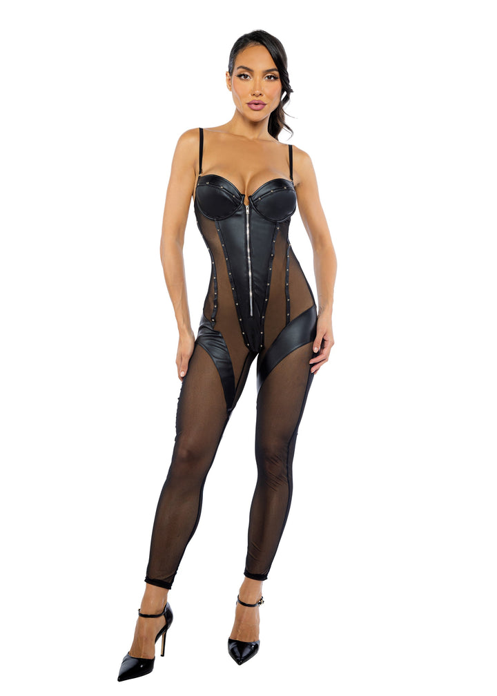 Roma Confidential Lust & Faux Leather Mesh Underwire Cups Catsuit Black