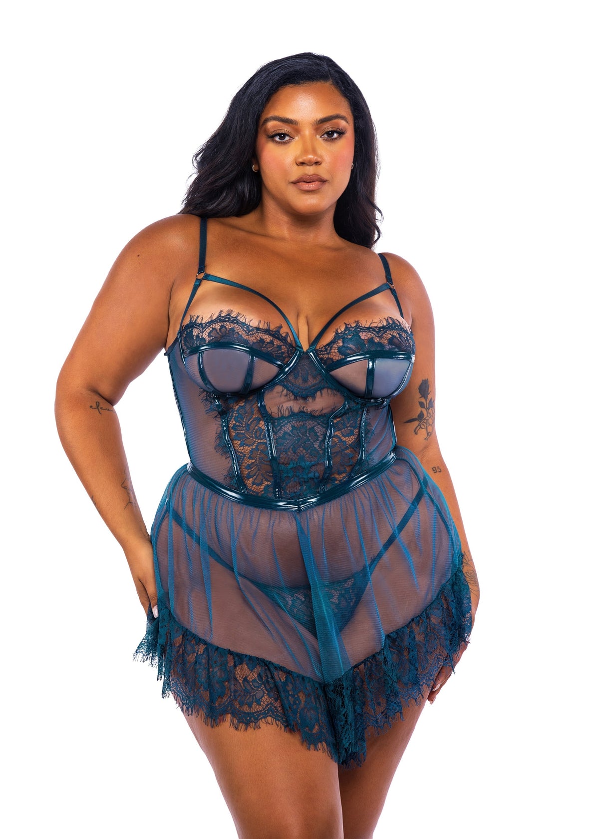Roma Confidential Queen Eden Eyelash Lace Sheer Mesh Babydoll Set Teal Blue-Rebel Romance